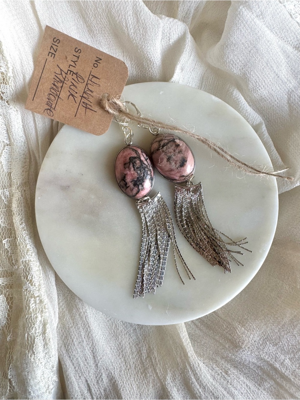 Handcrafted Rhondonite Pink Stone Tassel Drop Earrings - Handmade